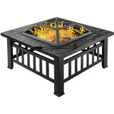 3-in-1 Square Fire Pit Table with BBQ Grill and Cover