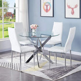 modern round glass dining table set with upholstered chairs
