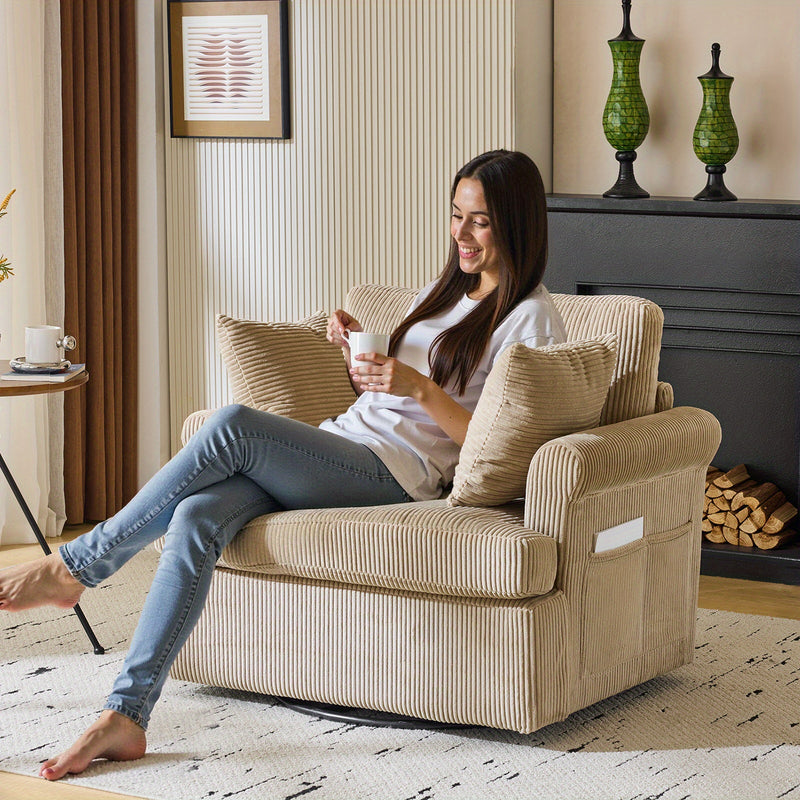 Modern Corduroy Oversized Armchair with Pillows and Side Pocket