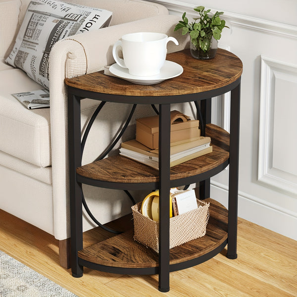 Rustic 3-Tier Half Round End Table with Shelves