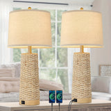 Rattan Table Lamp Set with Dual USB Charging Ports