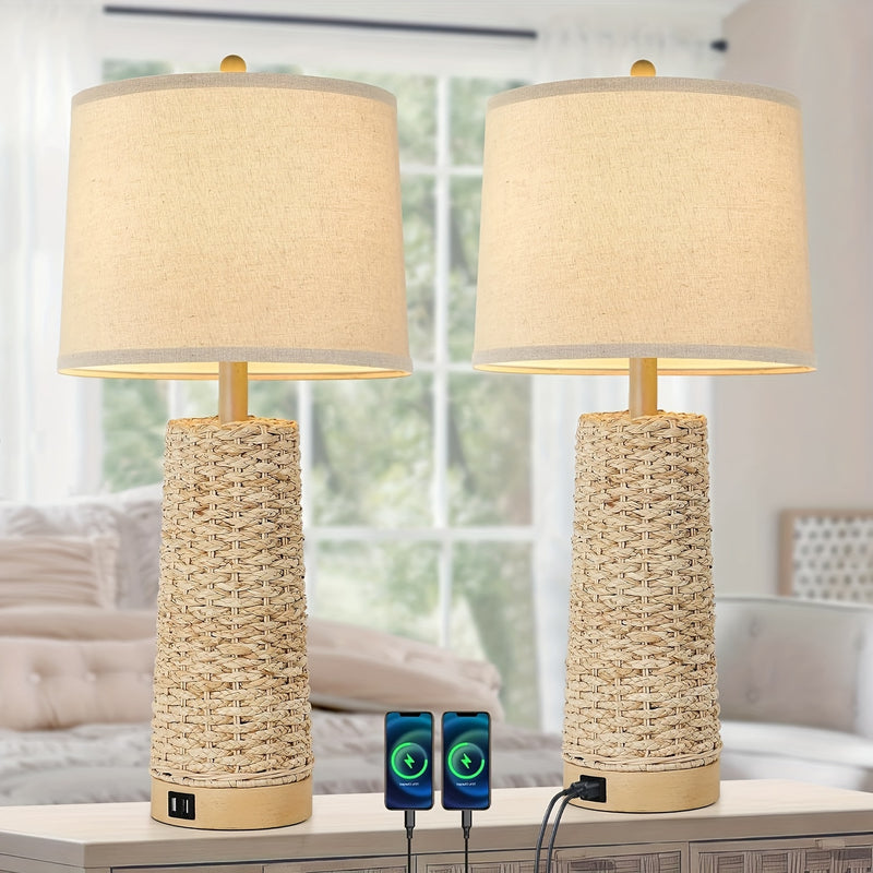 Rattan Table Lamp Set with Dual USB Charging Ports