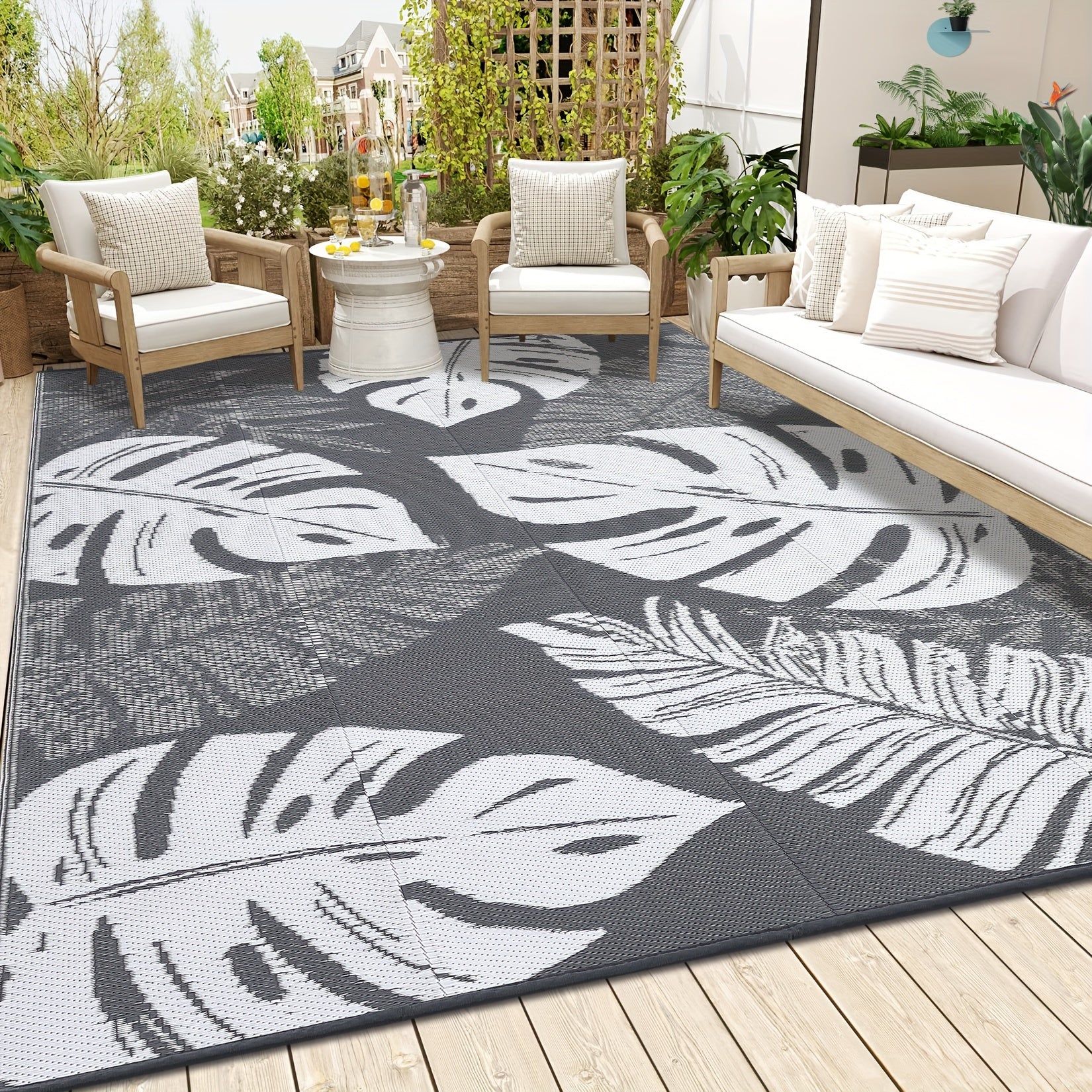 Washable Outdoor Waterproof Floral Print Area Rug for Camping