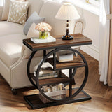 Industrial Wood Side Table with Storage and Geometric Metal Frame