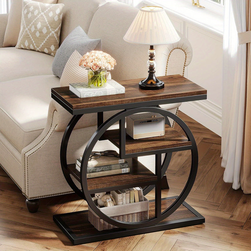 Industrial Wood Side Table with Storage and Geometric Metal Frame