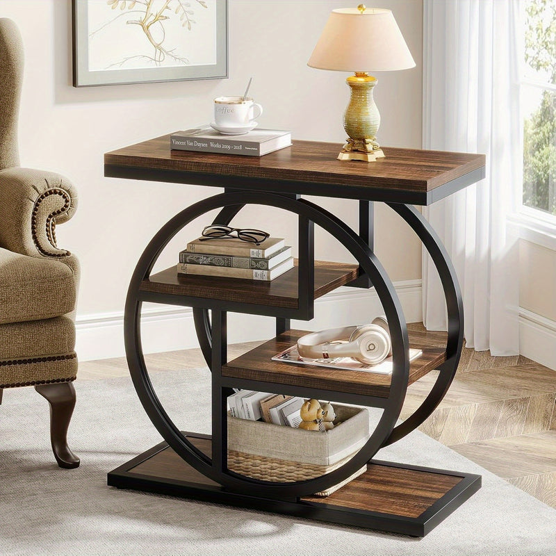 Industrial Wood Side Table with Storage and Geometric Metal Frame