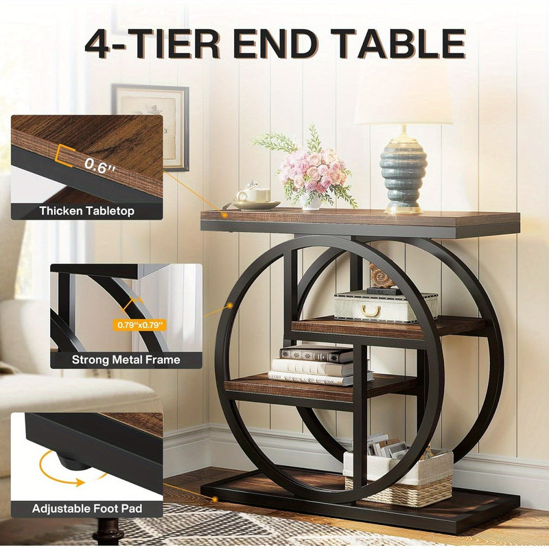 Industrial Wood Side Table with Storage and Geometric Metal Frame