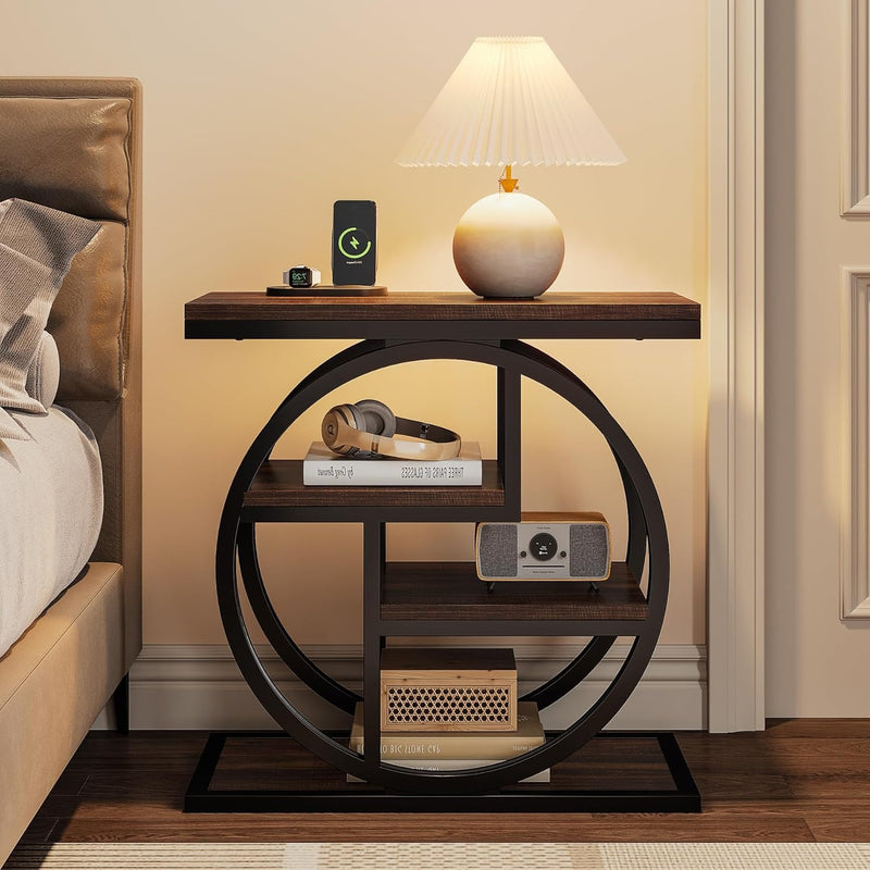 Industrial Wood Side Table with Storage and Geometric Metal Frame