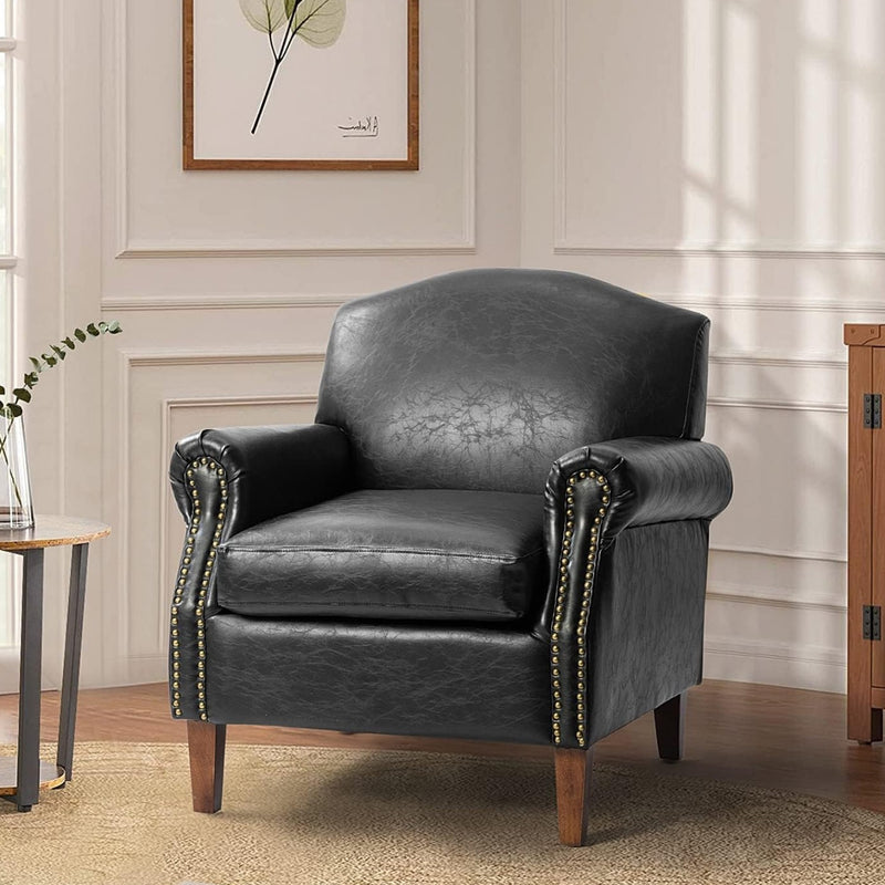 Faux Leather Accent Chair With Retro Wood Legs And Comfort
