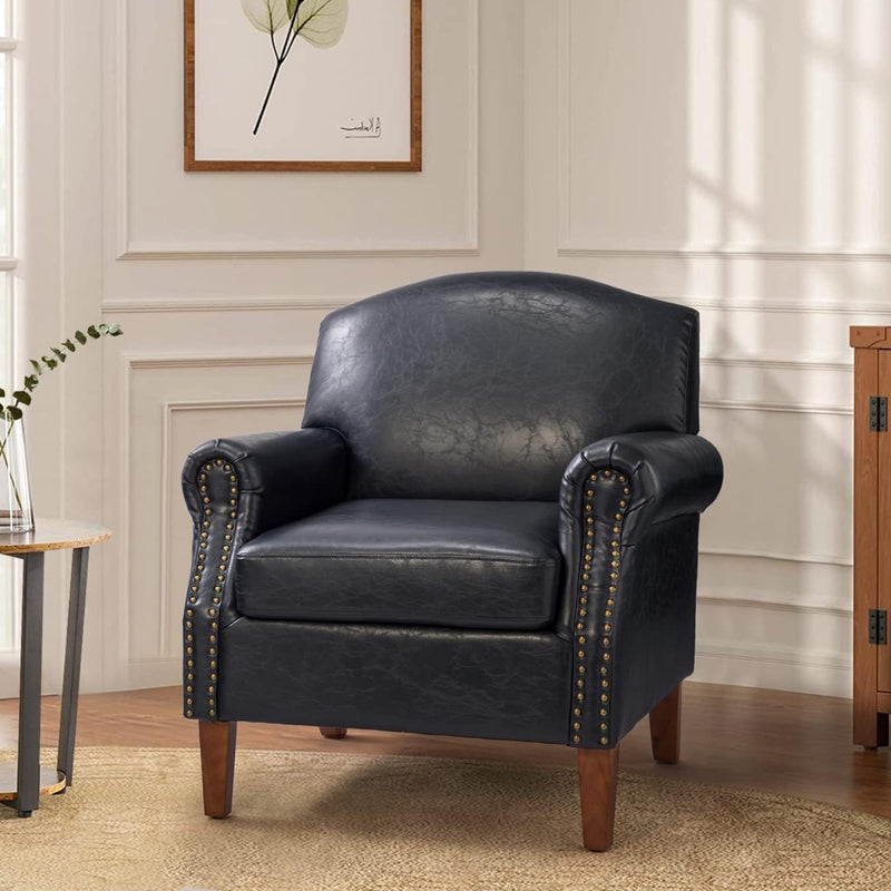 Faux Leather Accent Chair With Retro Wood Legs And Comfort