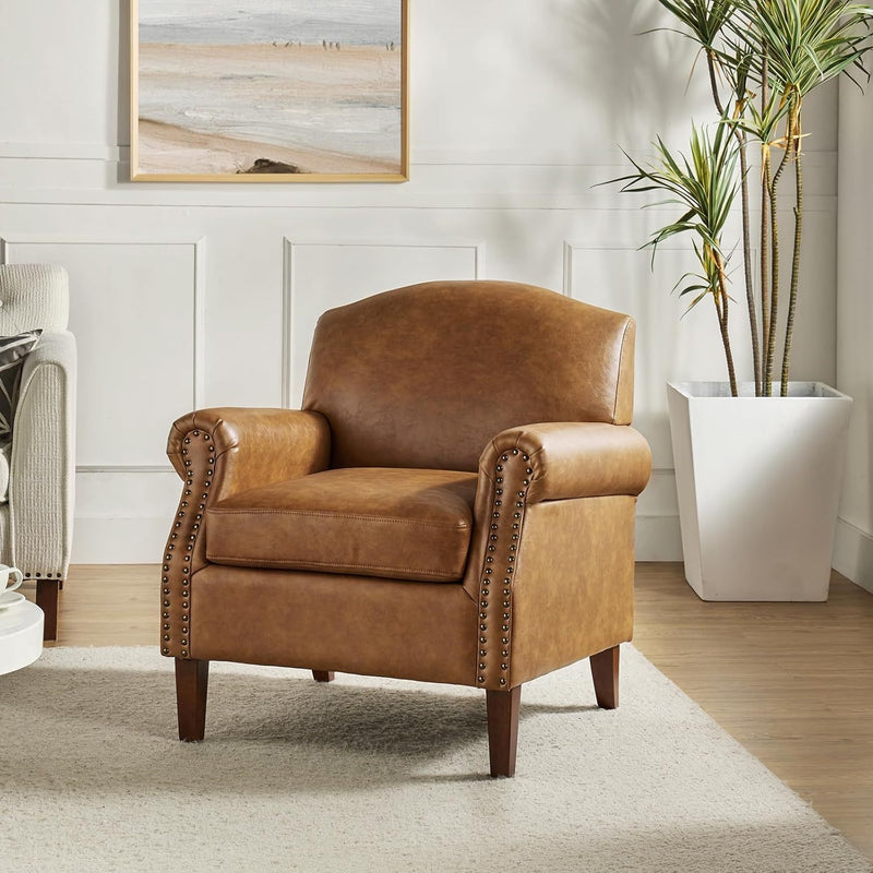 Faux Leather Accent Chair With Retro Wood Legs And Comfort