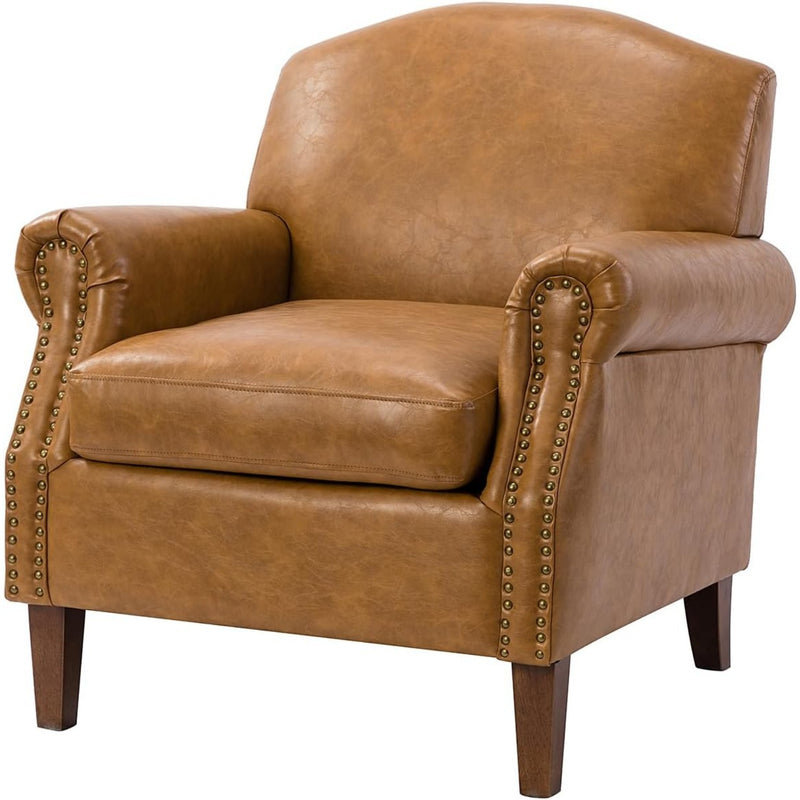 Faux Leather Accent Chair With Retro Wood Legs And Comfort