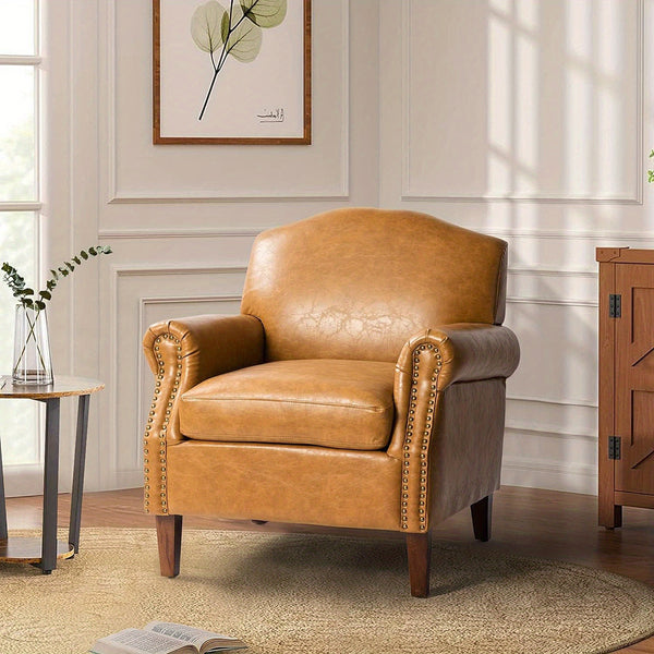 Faux Leather Accent Chair With Retro Wood Legs And Comfort