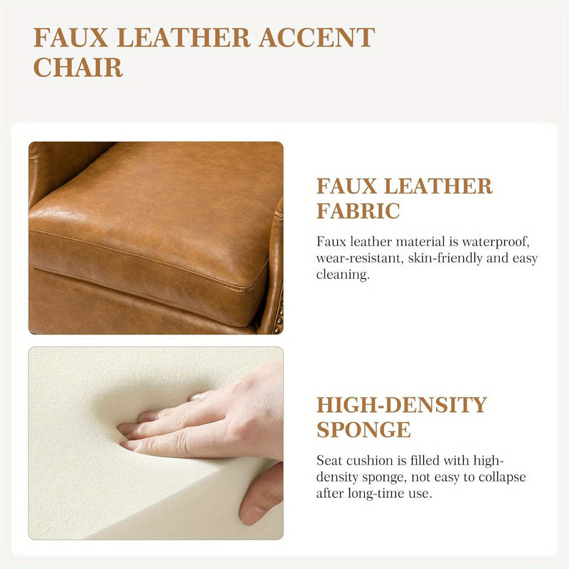 Faux Leather Accent Chair With Retro Wood Legs And Comfort