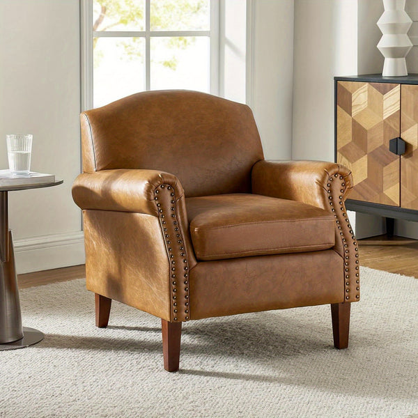 Faux Leather Accent Chair With Retro Wood Legs And Comfort