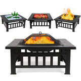 3-in-1 Square Fire Pit Table with BBQ Grill and Cover