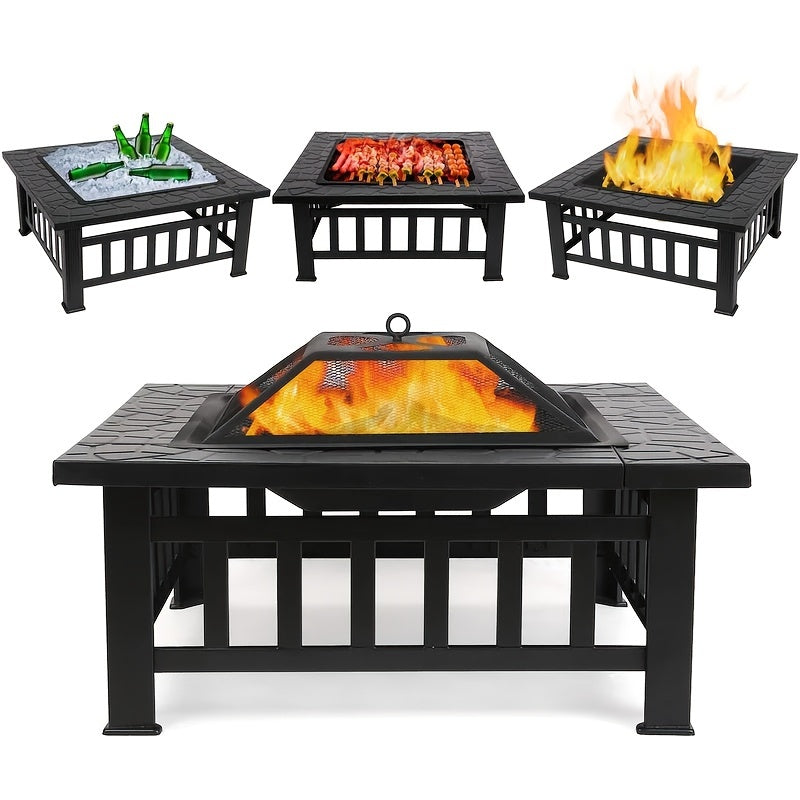 3-in-1 Square Fire Pit Table with BBQ Grill and Cover