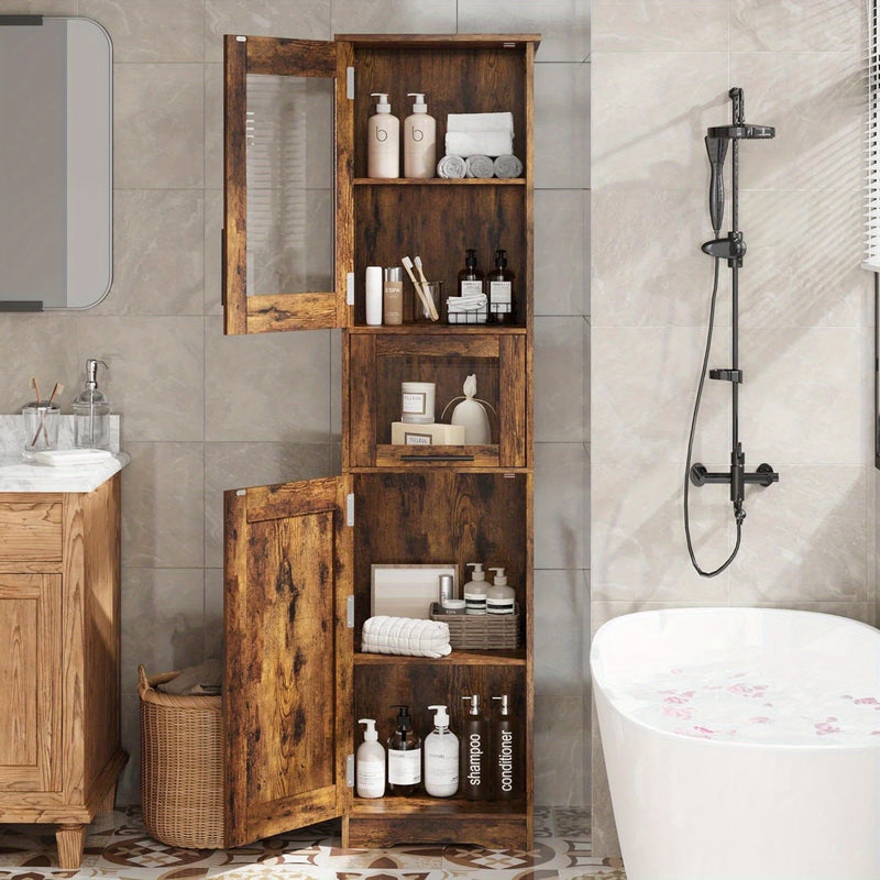 Rustic Slim Bathroom Storage Cabinet with Doors and Shelves
