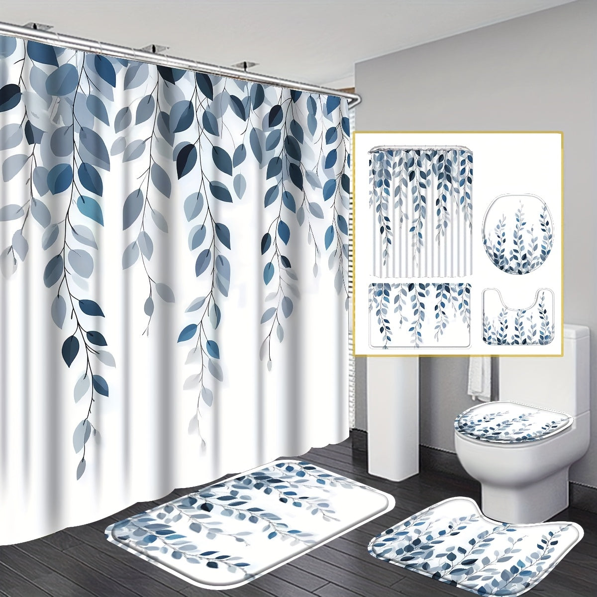 Blue Eucalyptus Shower Curtain Set with Botanical Decor Accessories