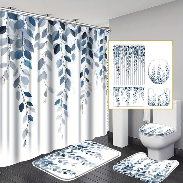Blue Eucalyptus Shower Curtain Set with Botanical Decor Accessories