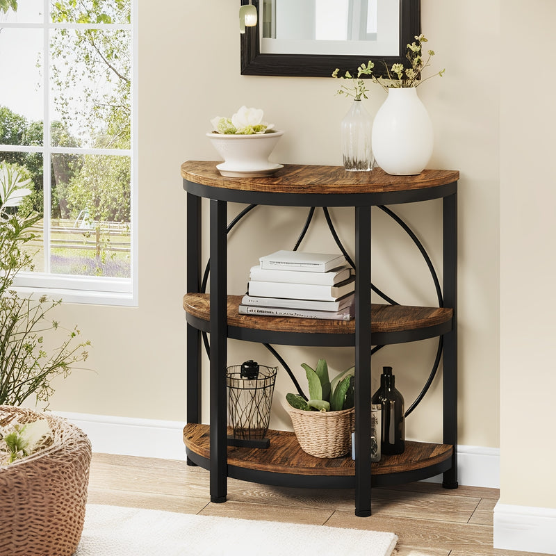 Rustic 3-Tier Half Round End Table with Shelves
