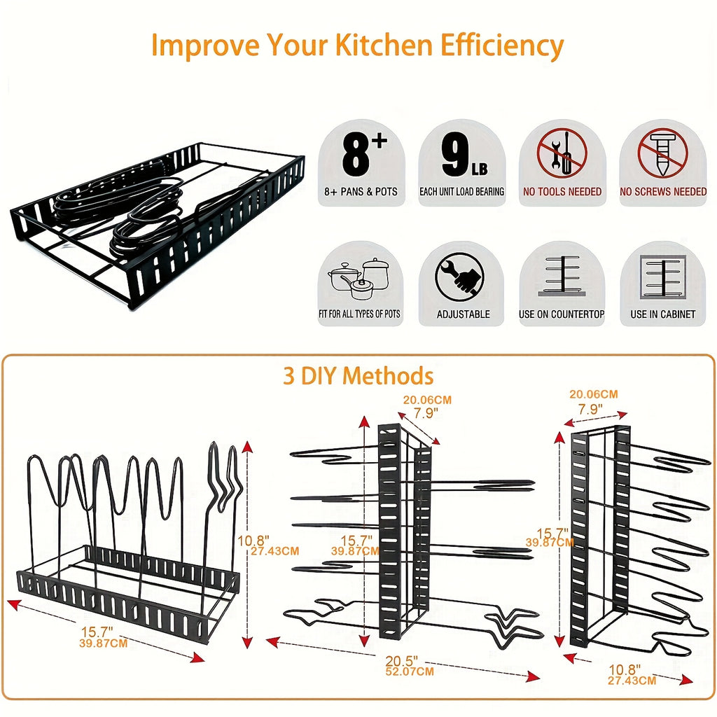 Adjustable 8-Tier Pot and Pan Organizer Rack for Kitchens