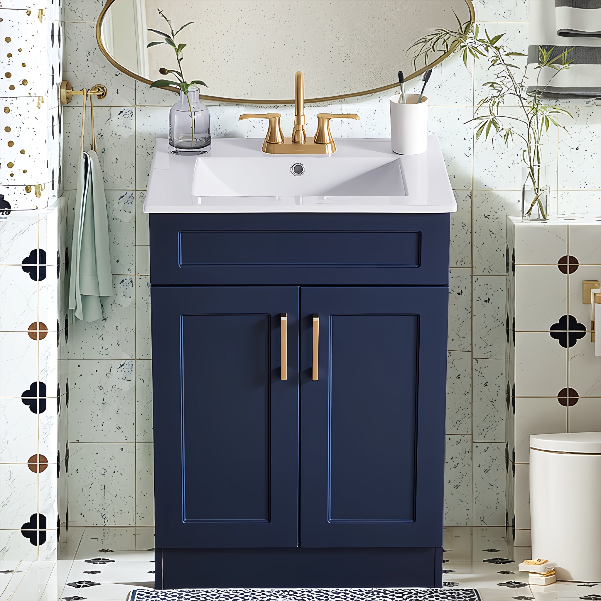 Modern Navy Blue Bathroom Vanity Cabinet with White Sink
