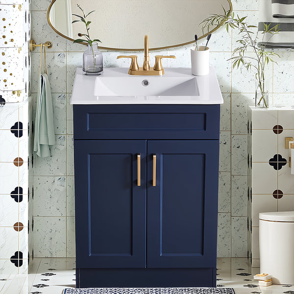 Modern Navy Blue Bathroom Vanity Cabinet with White Sink