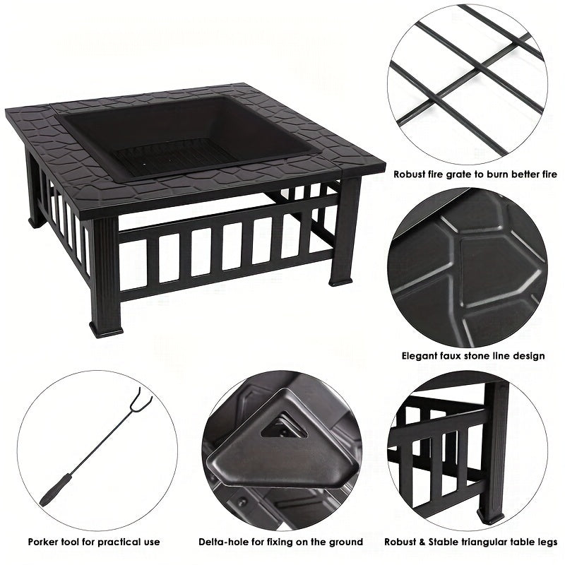 3-in-1 Square Fire Pit Table with BBQ Grill and Cover