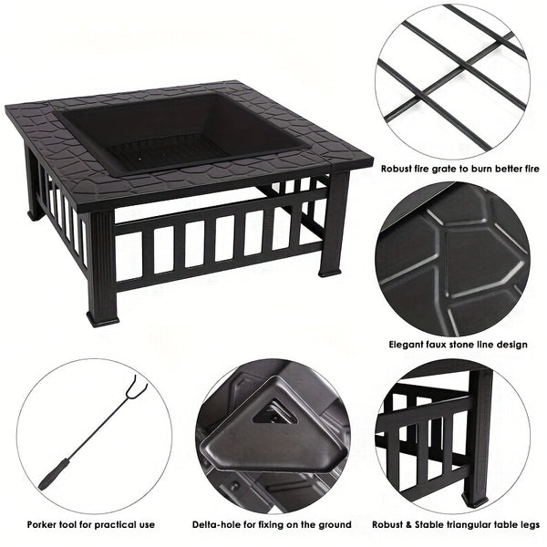 3-in-1 Square Fire Pit Table with BBQ Grill and Cover