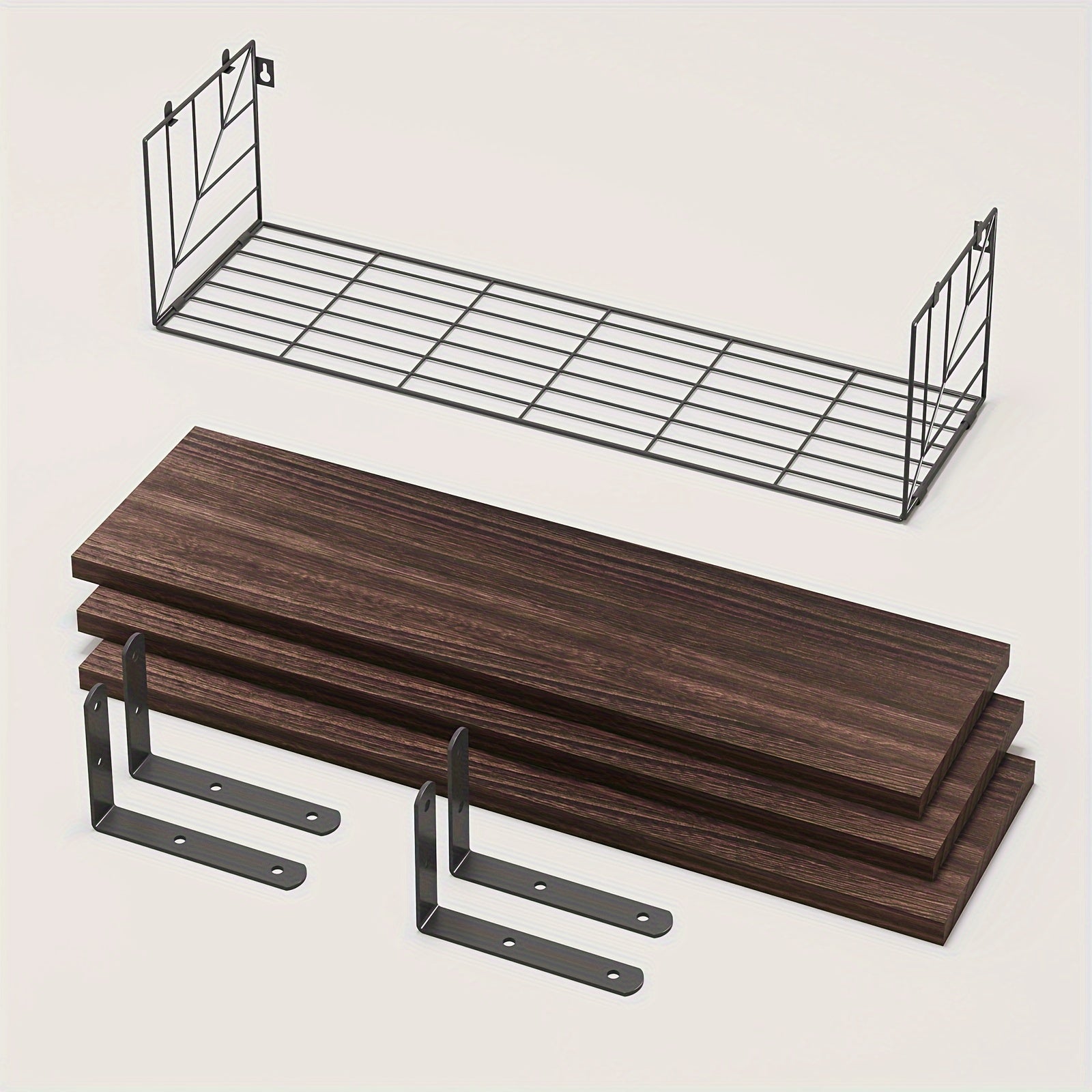 Dark Brown Floating Shelves with Metal Basket for Home Decor