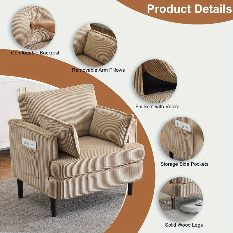 Modern Corduroy Oversized Armchair with Pillows and Side Pocket