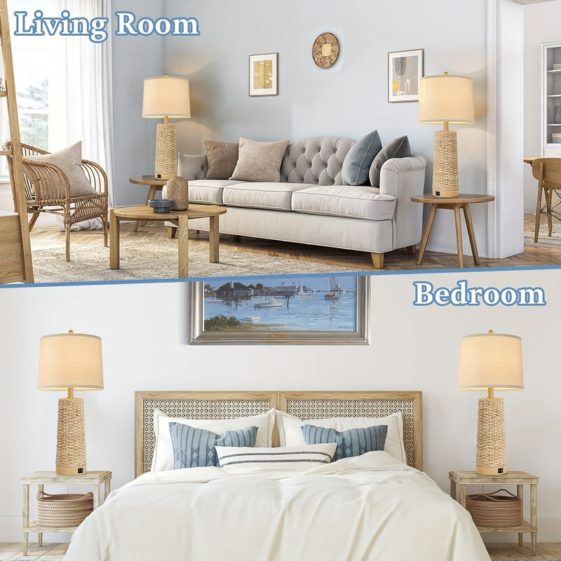 Rattan Table Lamp Set with Dual USB Charging Ports