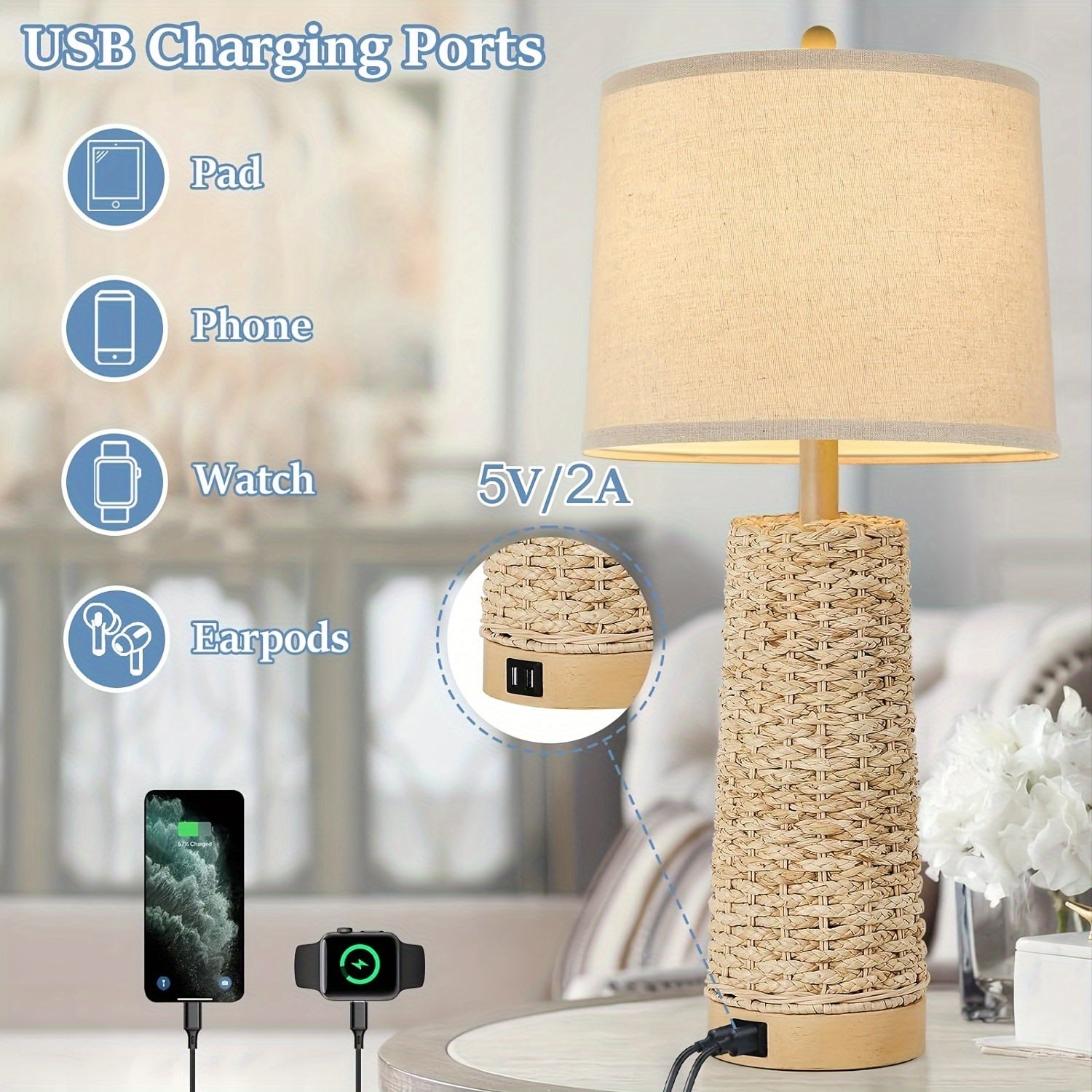 Rattan Table Lamp Set with Dual USB Charging Ports