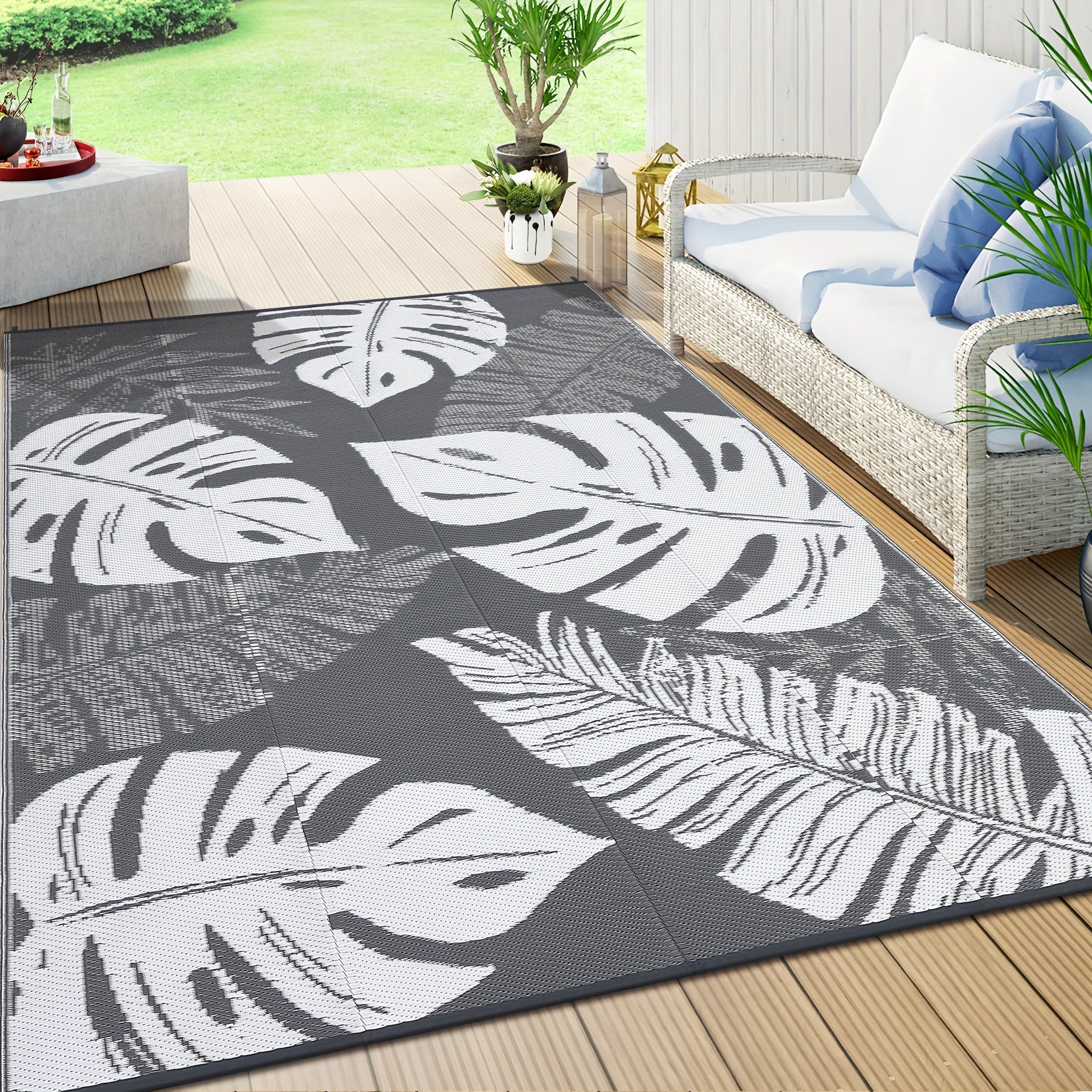 Washable Outdoor Waterproof Floral Print Area Rug for Camping