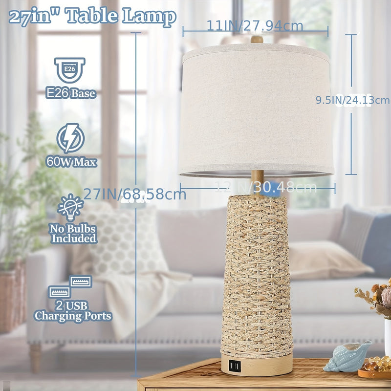 Rattan Table Lamp Set with Dual USB Charging Ports