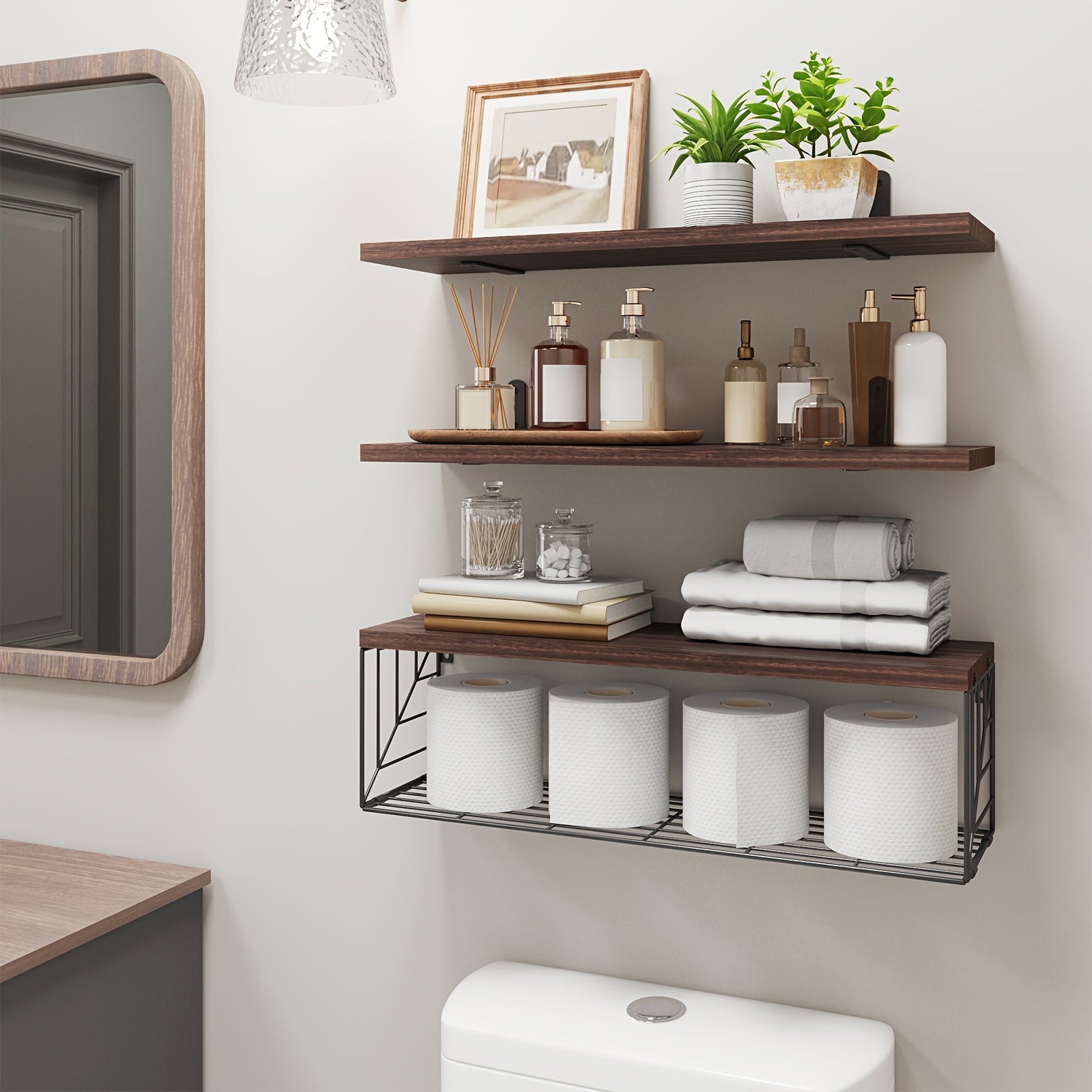 Dark Brown Floating Shelves with Metal Basket for Home Decor