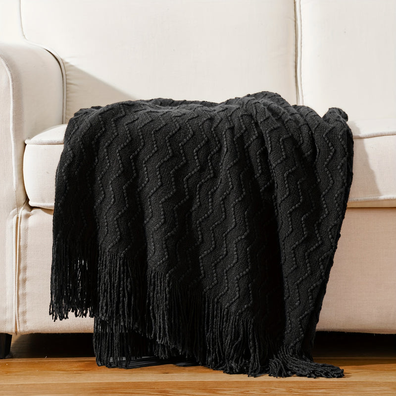 Cozy Boho Textured Throw Blanket with Tassels for Living Room