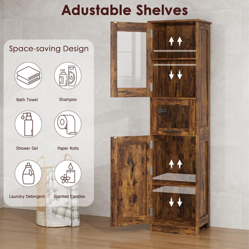 Rustic Slim Bathroom Storage Cabinet with Doors and Shelves