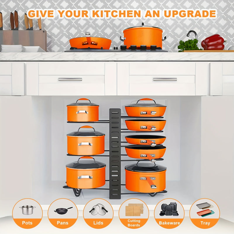 Adjustable 8-Tier Pot and Pan Organizer Rack for Kitchens