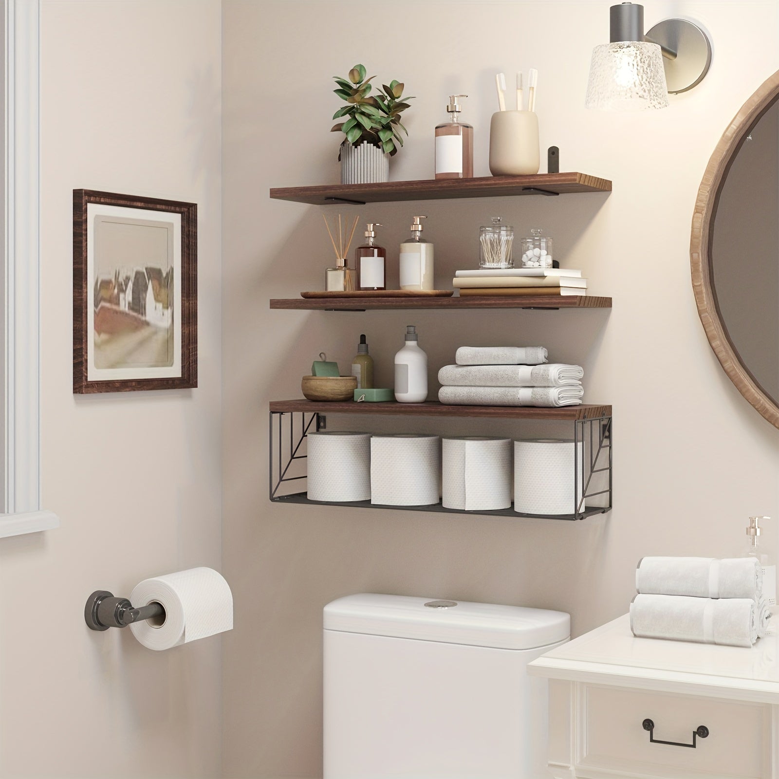 Dark Brown Floating Shelves with Metal Basket for Home Decor