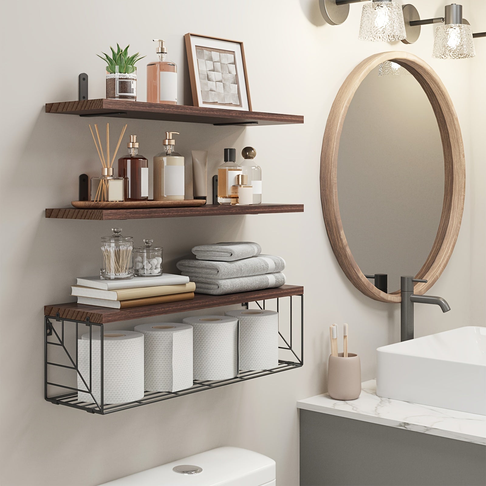 Dark Brown Floating Shelves with Metal Basket for Home Decor