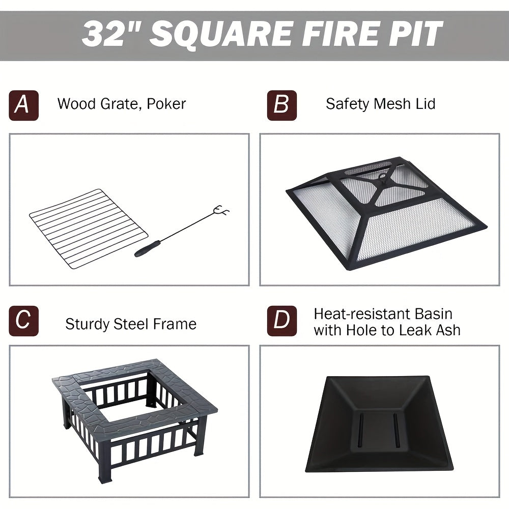 3-in-1 Square Fire Pit Table with BBQ Grill and Cover