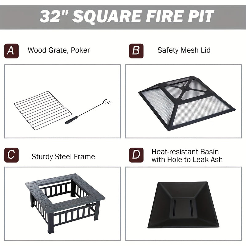 3-in-1 Square Fire Pit Table with BBQ Grill and Cover