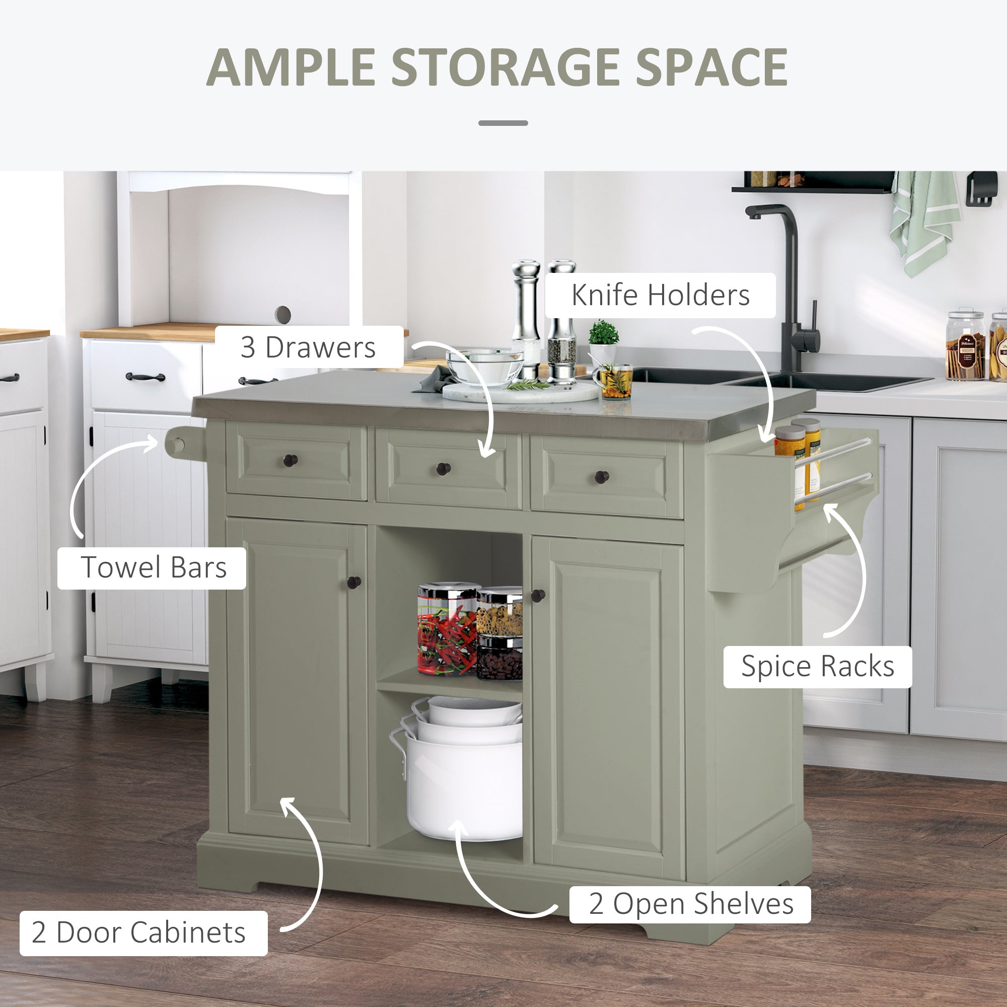 Rolling Kitchen Island Cart with Storage and Stainless Steel Top