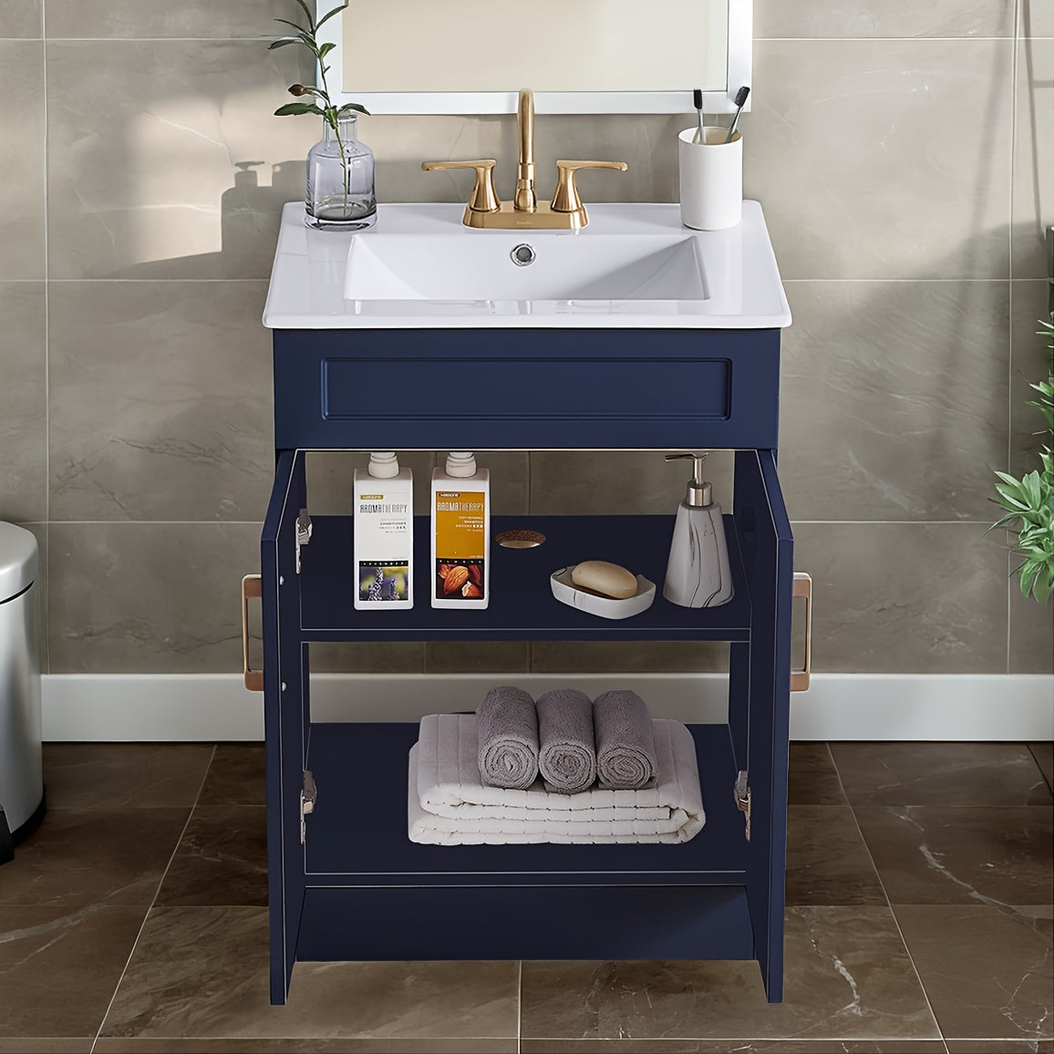 Modern Navy Blue Bathroom Vanity Cabinet with White Sink