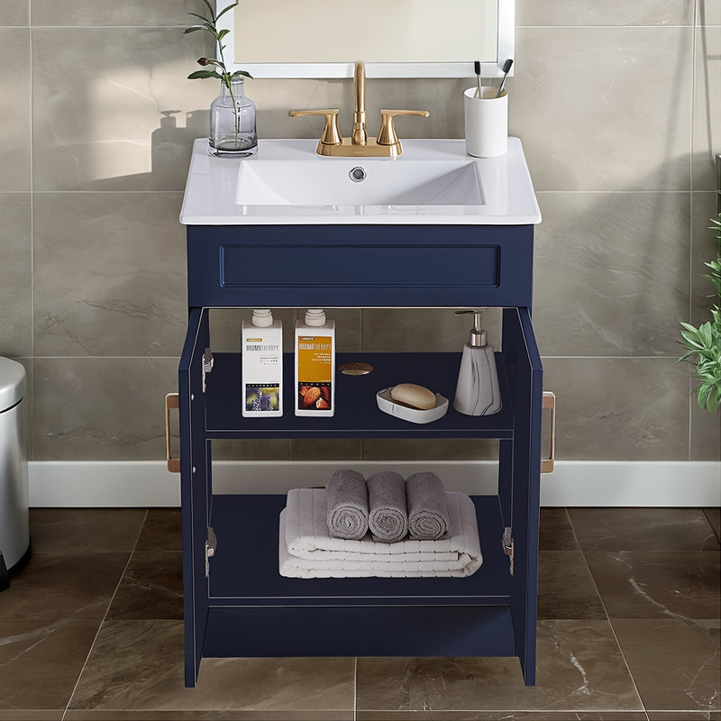 Modern Navy Blue Bathroom Vanity Cabinet with White Sink