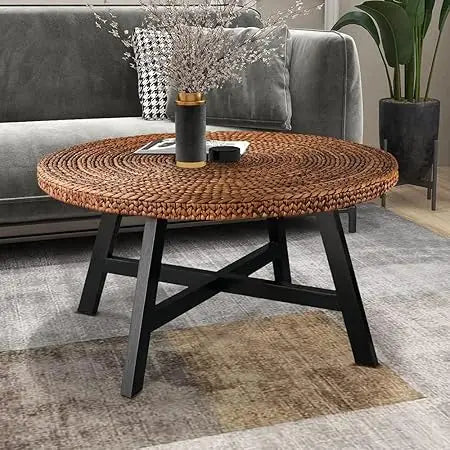 Round Seagrass Coffee Table With Pine Wood X Base Modern