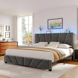 EnHomee Bed Frame With Velvet Headboard LED Lights Storage
