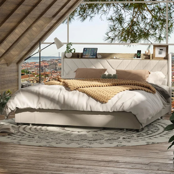 Upholstered Queen Bed Frame with Storage and Charging Station